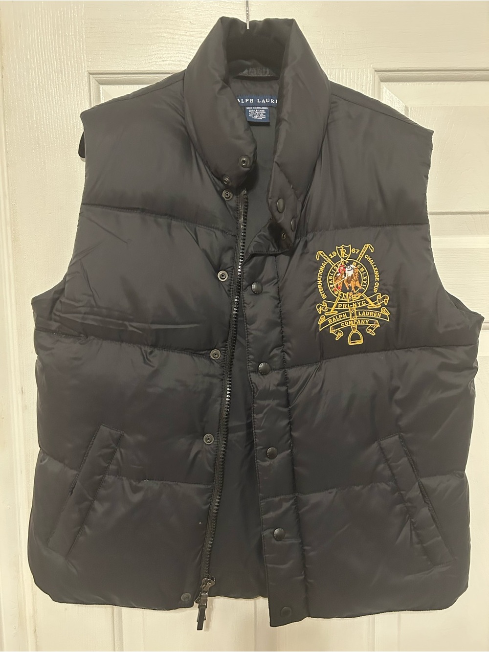 Ralph Lauren Black Quilted Puffer Vest with Gold Crest Embroidery